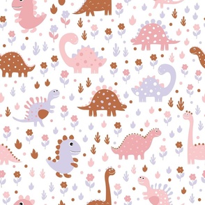 Dinosaurs - Lavender, Brown and Pink - Whimsical - Tyrannosaurus - Playful - Fossils - Kids - Trex - Jurassic