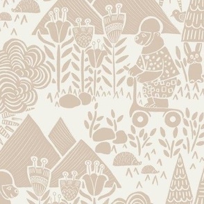 Whimsical woodland animals with abstract florals | Animal adventure - bears on scooters | Block print woodland scenery | Two-tone print in Light Taupe and Beige