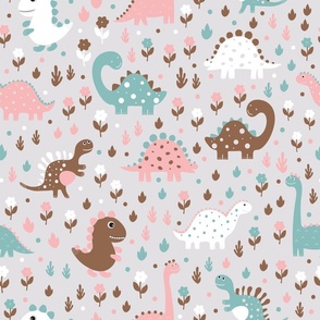 Dinosaurs - Grey - Whimsical - Pastel Colors - Pink - Teal - Tyrannosaurus - Playful - Fossils - Kids - Trex - Jurassic