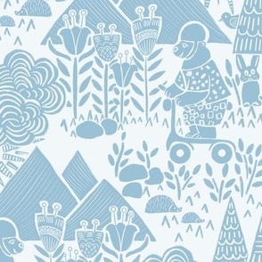 Whimsical woodland animals with abstract florals | Animal adventure - bears on scooters | Block print woodland scenery | Two-tone print in Pale Cerulean / Light Denim Blue and Beige