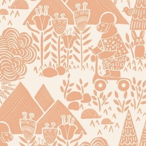Whimsical woodland animals with abstract florals | Animal adventure - bears on scooters | Block print woodland scenery | Two-tone print in Peach Delight and Beige