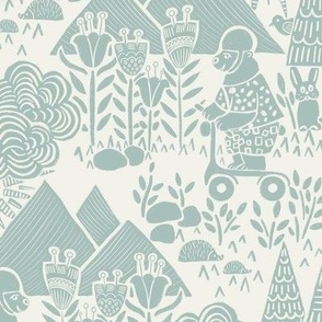 Whimsical woodland animals with abstract florals | Animal adventure - bears on scooters | Block print woodland scenery | Two-tone print in Dusky Sage Green and Beige