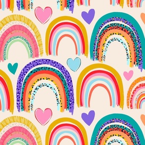 Rainbows with Hearts and Leopard Print Kids Textiles Allover Repeat Print