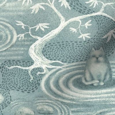 zen cats's garden wallpaper - grey blue and off-white - large scale