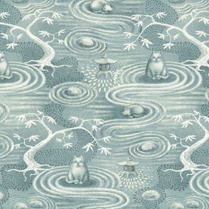 zen cats's garden wallpaper - grey blue and off-white - large scale