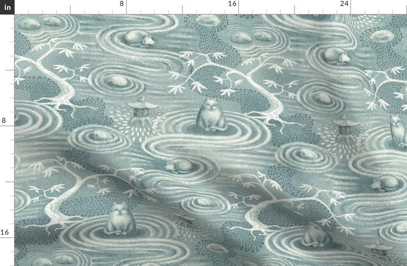zen cats's garden wallpaper - grey blue and off-white - large scale