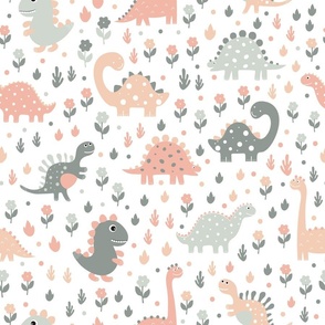 Dinosaurs - Muted Pink, Grey and Green - Whimsical - Peach Fuzz - Pastel Colors - Tyrannosaurus - Playful - Fossils - Kids - Trex - Jurassic