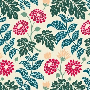 Vintage floral dance on a cream canvas, red and peach blooms amidst green