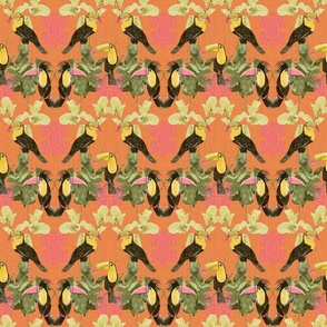 Toucan Chinoiserie-Pink Accent on orange with white texture (small scale)