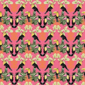 Toucan Chinoiserie -orange on pink  with white texture (small scale)