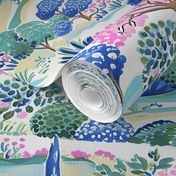 Suffolk Hills Toile - Blue/Pink on White Wallpaper - New 