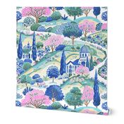 Suffolk Hills Toile - Blue/Pink on White Wallpaper - New 