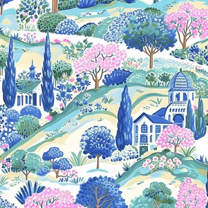 Suffolk Hills Toile - Blue/Pink on White Wallpaper - New 