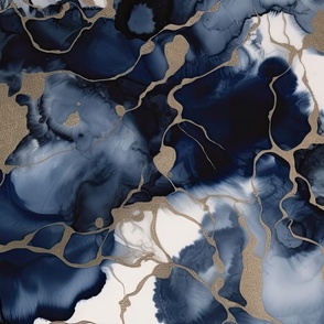 Twilight Navy Blue and Grey with Antique Gold Alcohol Ink Liquid Swirls