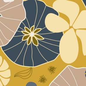 (XL) hand-drawn flowers in vanilla white, ash grey, olive green, charcoal gray, sand brown on goldenrod yellow