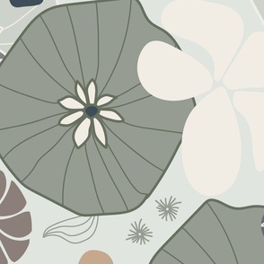 (XL) hand-drawn flowers in vanilla white, ash grey, olive green, charcoal gray, sand brown on platinum grey