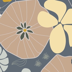 (XL) hand-drawn flowers in vanilla white, ash grey, charcoal gray, sand brown, goldenrod yellow on ash grey