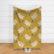 (XL) Polka dot - white big flowers with texture, charcoal grey leaves with outline on goldenrod yellow
