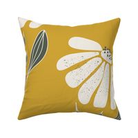 (XL) Polka dot - white big flowers with texture, charcoal grey leaves with outline on goldenrod yellow