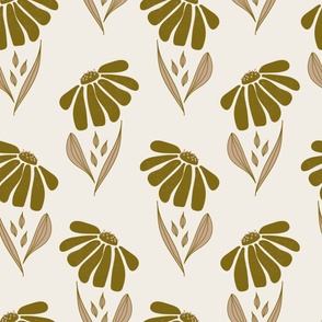 (XL) Polka dot - dark olive green big flowers with texture, desert sand brown leaves with outline on beige