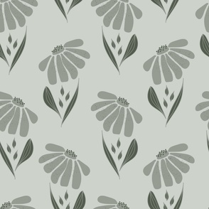 (XL) Polka dot - dark ash grey big flowers with texture, dark olive green leaves with outline on ash grey