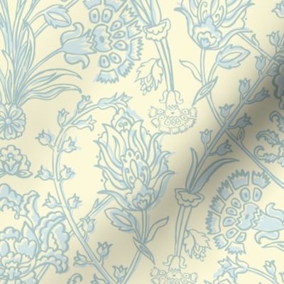 Traditional Turkish Trailing Floral With Baroque Block Print Impression on Duck Egg Blue