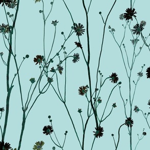 dark watercolor floral motifs and buds on mint green (large scale)
