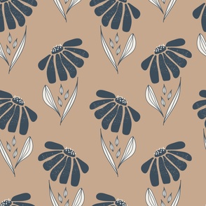 (XL) Polka dot - charcoal grey big flowers with texture, white leaves with outline on tan brown