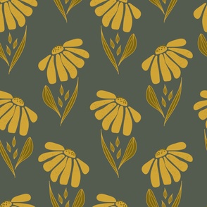 (XL) Polka dot - goldenrod yellow big flowers with texture, olive green leaves with outline on charcoal grey