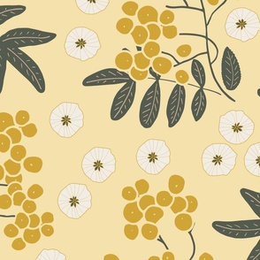 (XL) goldenrod yellow rowan berries with dark green leaves and white flowers on  flax yellow