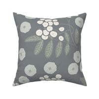 (XL) white rowan berries with light olive green leaves and ash grey flowers on taupe grey