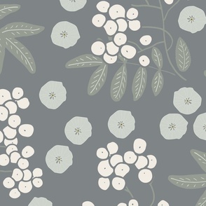 (XL) white rowan berries with light olive green leaves and ash grey flowers on taupe grey
