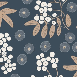 (XL) white rowan berries with brown leaves and grey flowers on charcoal grey