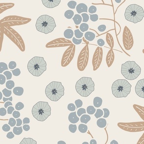 (XL) light slate grey rowan berries with brown leaves and grey flowers on beige