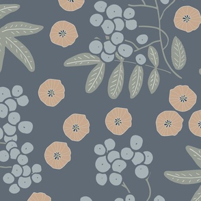 (XL) light blue rowan berries with ash grey leaves and brown flowers on slate grey