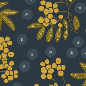 (XL) goldenrod yellow rowan berries with olive green leaves and dark grey flowers on charcoal grey