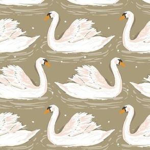 24 inch Swimming Swans on Khaki Gray Wallpaper or Fabric