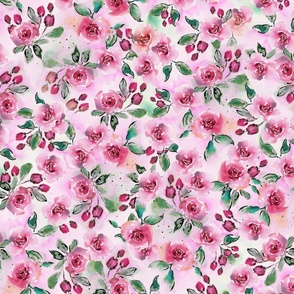 Handpainted Watercolor Tossed Florals and Foliage Red on Pink, Green