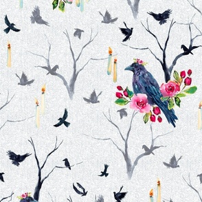 Watercolor Ravens with Flower Crowns in a Spooky Forest - Toile du Juoy Inspired - White