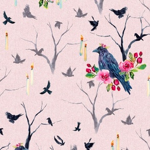 Watercolor Ravens with Flower Crowns in a Spooky Forest - Toile du Juoy Inspired - Pink
