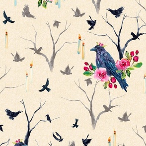 Watercolor Ravens with Flower Crowns in a Spooky Forest - Toile du Juoy Inspired - Yellow