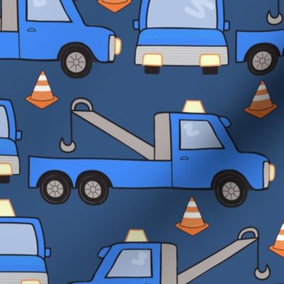 Blue Tow Trucks and Construction Cones For Boys and Truck Lovers on Dark Blue