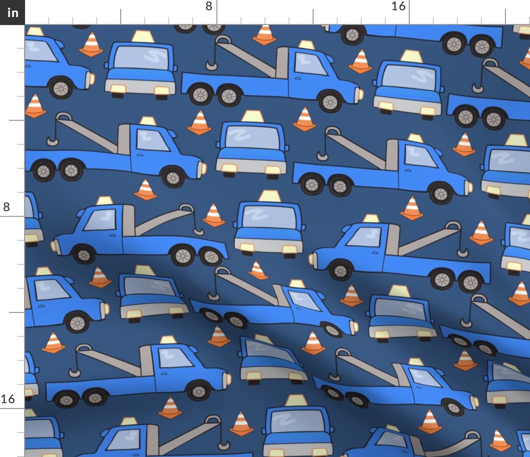 Blue Tow Trucks and Construction Cones For Boys and Truck Lovers on Dark Blue