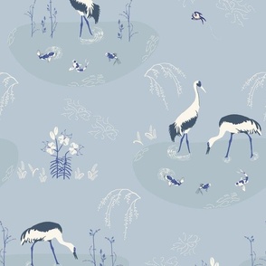Indigo Marsh Toile w/ Cranes, koi fish, cherry trees and pussywillows