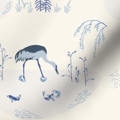 Indigo Marsh toile w/ Cranes, koi fish, cherry trees and pussywillows