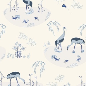 Indigo Marsh toile w/ Cranes, koi fish, cherry trees and pussywillows