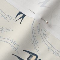 Dance of the Martins / birds flying with cherry trees in cream & indigo blue