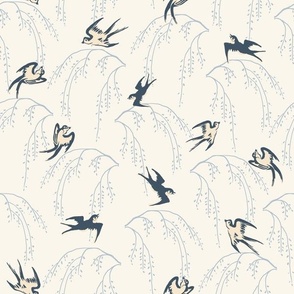 Dance of the Martins / birds flying with cherry trees in cream & indigo blue