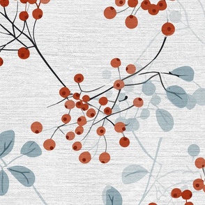 abstract rowan twigs with red fruits and pastel blue branches and leaves on off-white linen - large scale