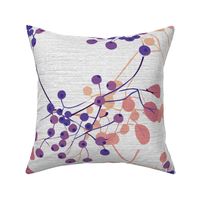 abstract rowan twigs with red fruits and purple branches and leaves on off-white linen - large scale